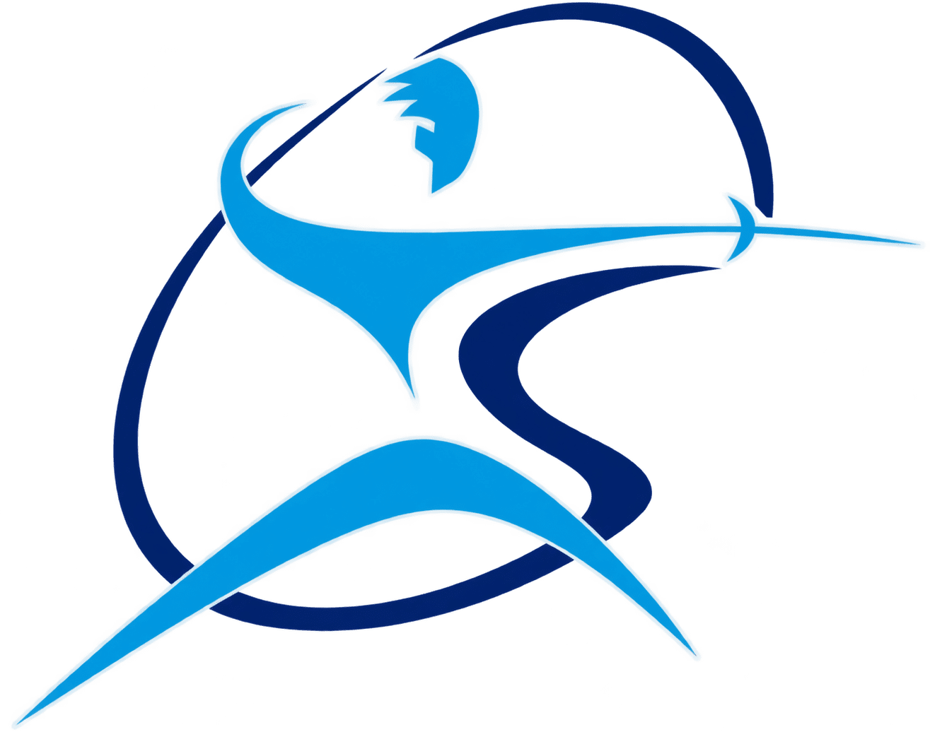 Blaues stilisiertes Logo einer tanzenden Figur mit geschwungenen Linien und dynamischer Form.